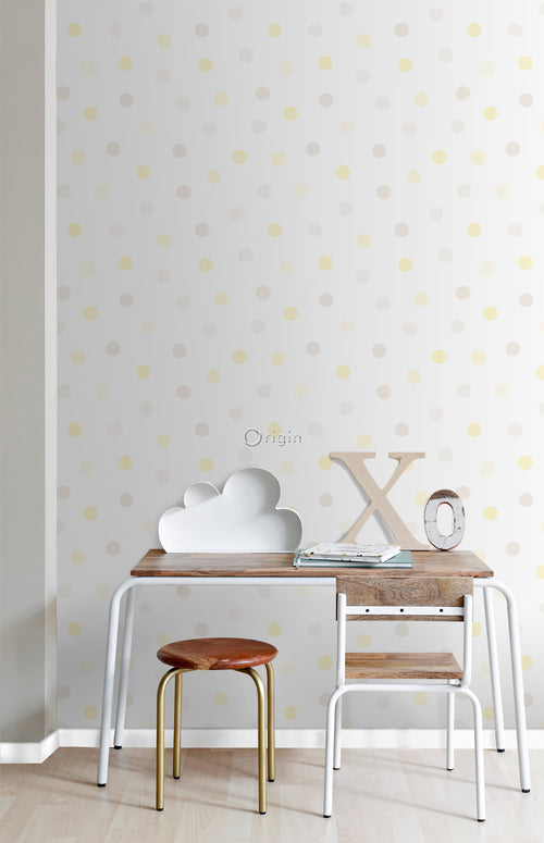 Origin Wallcoverings behang stip pastel geel, licht warm grijs en licht crème beige - 53 cm x 10,05 m - 347512 - vtwonen shop