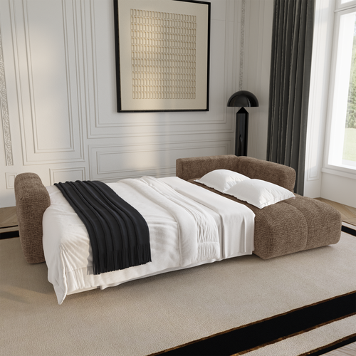 Premium Interiors - Rechthoekige hoekbank met slaapfunctie en opbergruimte VIBE - zacht aanvoelende geweven stof bruin 286cm