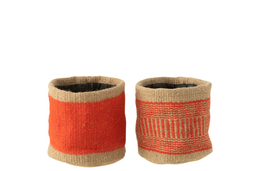 J-Line mand Rond Met Handvaten - jute - naturel/oranje - 2 stuks - vtwonen shop