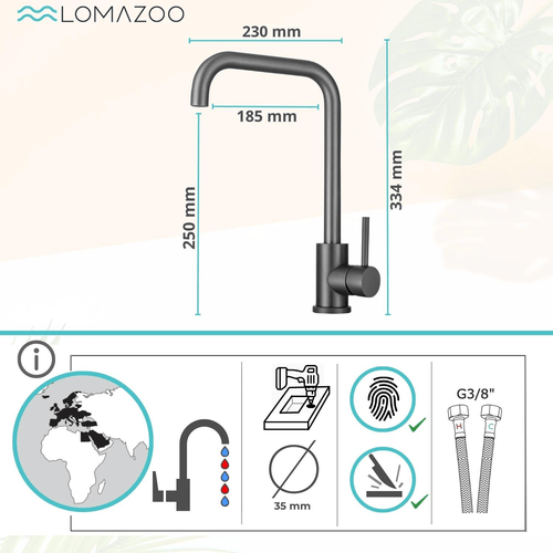 LOMAZOO keukenkraan James - mengkraan - 360° draaibaar - gun metal black