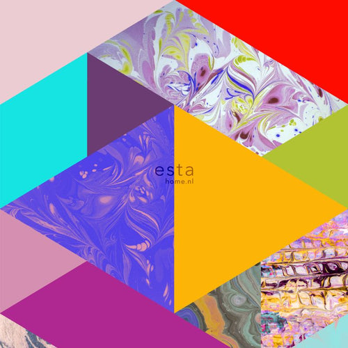 ESTAhome XXL behang driehoeken met marmer effect geel, blauw, roze en groen - 50 x 900 cm - 158914 - vtwonen shop