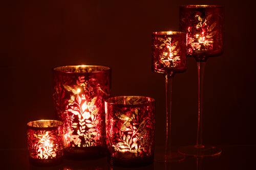 J-Line theelichthouder Op Voet Blaadjes - glas - rood/goud - large