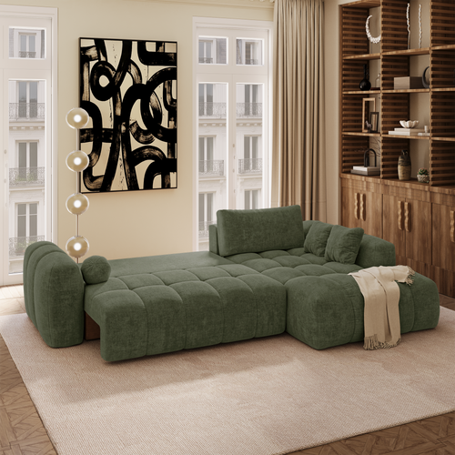 Premium Interiors - Rechthoekige hoekbank met slaapfunctie en opbergruimte SKY - kruisbinding  vintage groen 310cm