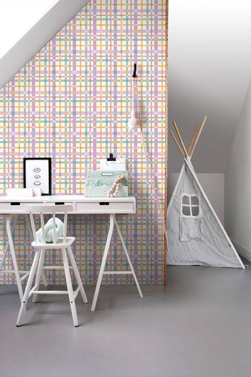 ESTAhome behang ruitjes paars, geel en blauw - 50 x 900 cm - 132047