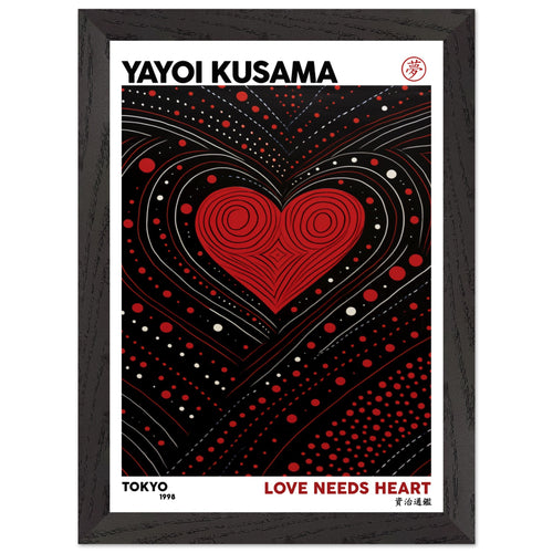 Artfulprints Poster met Lijst Yayoi Kusama - Love needs heart   - A4 21x29.7 cm - Zwart