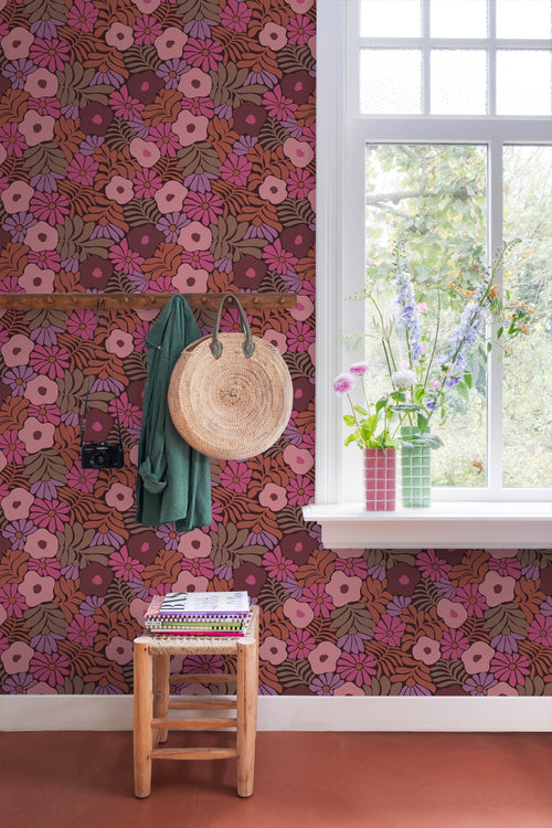 ESTAhome behang bloemen in Matisse stijl roze, paars en terracotta - 50 x 900 cm - 131136 - vtwonen shop