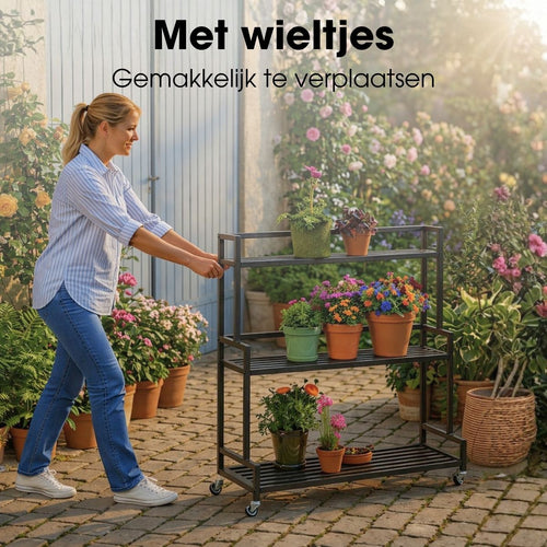 Mica Decorations Greenrax Plantenrek op Wielen - Plantenstandaard voor Kamerplanten, Buitenplanten of Tuingereedschap - Meerdere Plateaus
