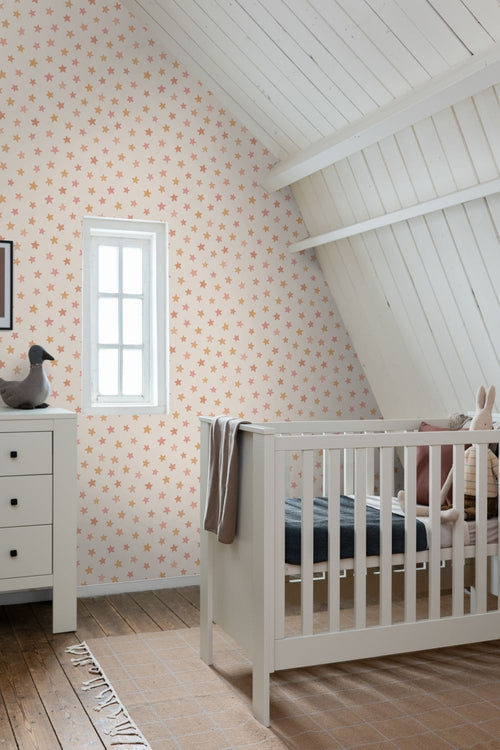 ESTAhome behang sterretjes wit, roze en oranje - 50 x 900 cm - 131708