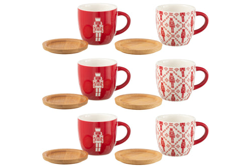 J-Line koffietas + schoteltje Notenkraker - bambou/keramiek - rood - giftbox van 6