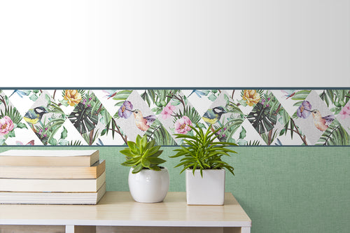Sanders & Sanders zelfklevende behangrand tropische jungle bladeren en paradijsvogels groen - 500 x 17.5 cm - 640044 - vtwonen shop