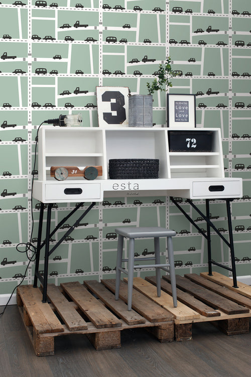 ESTAhome behang auto's mintgroen, zwart en wit - 53 cm x 10.05 m - 139283