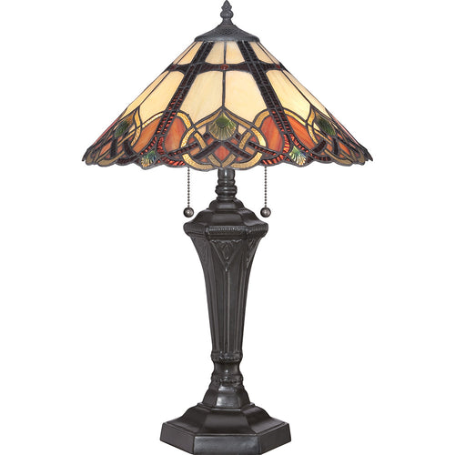 Elstead Cambridge - 2 Lichts Tafellamp Vintage Brons, Tiffany Glas, E27