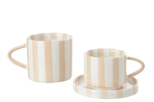 J-Line kop Gestreept - steengoed - lichtbeige/wit - 4 stuks