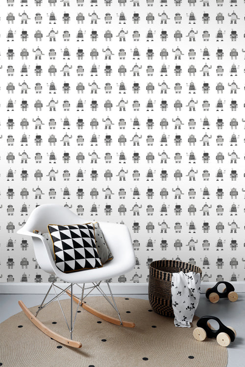 ESTAhome behang getekende vintage speelgoed robots zwart en wit - 53 cm x 10.05 m - 138939