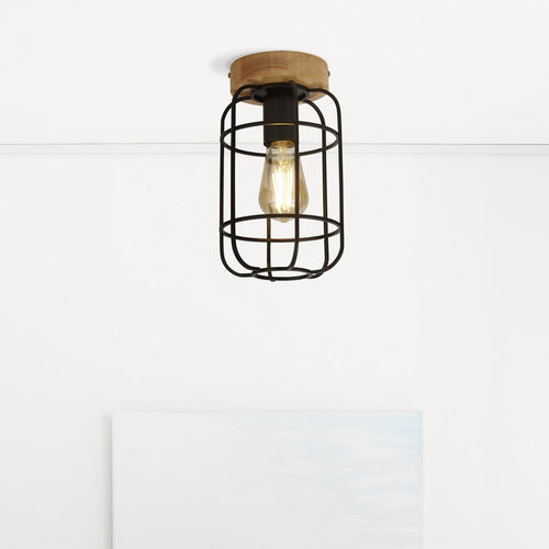 Vision Cage plafondlamp, mat zwart en hout