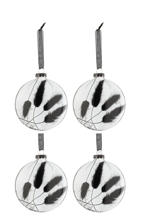 J-Line kerstbal Rond Plat Gedroogde Hazenstaart - glas - zwart - medium - doos van 4