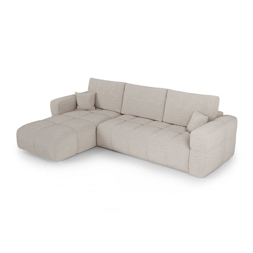 Premium Interiors - Linkshoekbank met slaapfunctie en opbergruimte VIBE - bouclé-stof beige 286cm