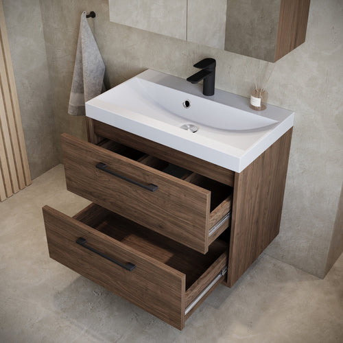 Badplaats Badkamermeubel Set Florence 01 60 cm – Walnoot Bruin – Hangend Wastafelmeubel met Spiegelkast