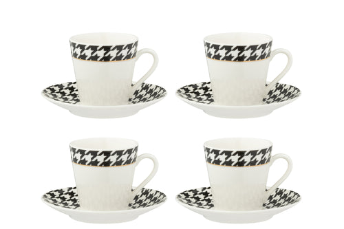 J-Line koffietas + bord Pied-Poule - porselein - wit - doos van 4 - vtwonen shop