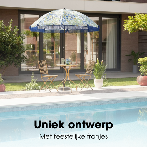 Mica Decorations Parasol Bloem - Stokparasol 238 x d220 cm - Strandparasol of Tuinparasol voor Schaduw - Bloemen Design - Blauw Groen