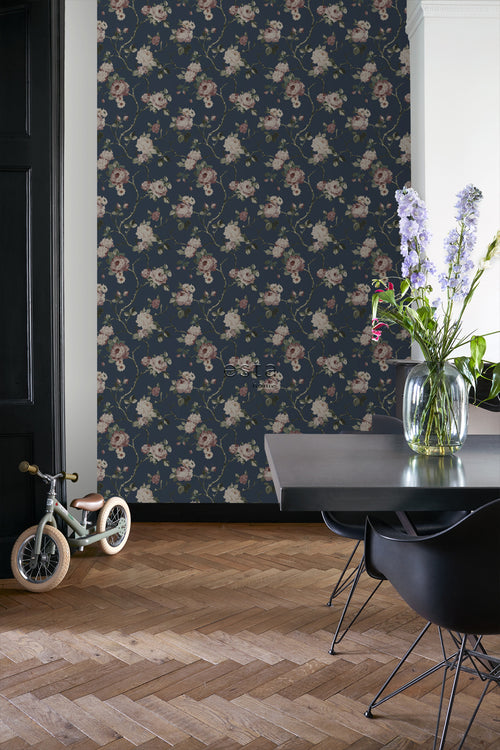 ESTAhome behang vintage bloemen donkerblauw en oudroze - 53 cm x 10.05 m - 139409