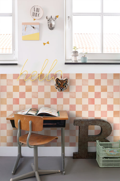 ESTAhome behang geblokt motief beige, oranje en roze - 50 x 900 cm - 131719