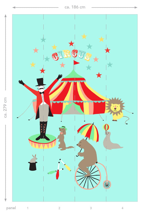 ESTAhome fotobehang circus figuren turquoise, rood, geel, roze, bruin en grijs - 186 x 279 cm - 158703 - vtwonen shop