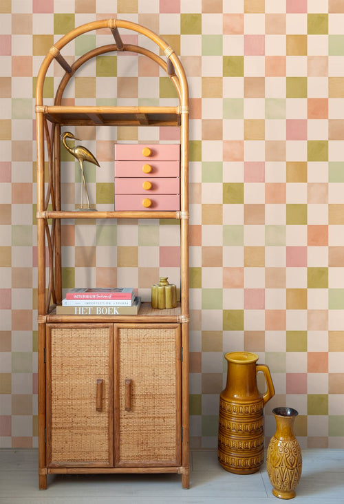ESTAhome behang geblokt motief beige, roze en groen - 50 x 900 cm - 131721
