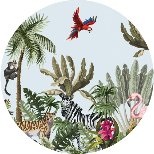 Sanders & Sanders zelfklevende behangcirkel jungle dieren groen, blauw en roze - Ø 70 cm - 601122