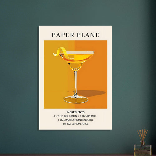 Artfulprints Poster met Lijst Paper Plane cocktail - Ingredients   - A4 21x29.7 cm - Oranje