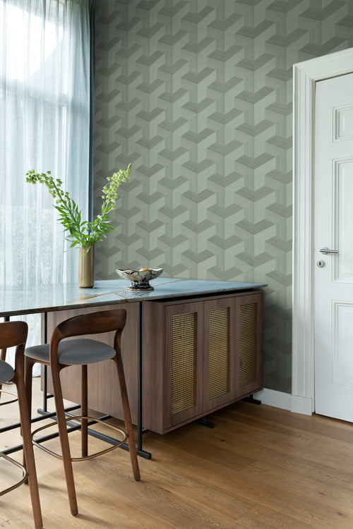 Origin Wallcoverings behang grafisch 3D motief vergrijsd groen - 53 cm x 10.05 m - 347951