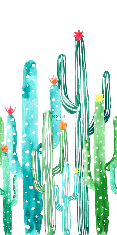 ESTAhome fotobehang aquarel geschilderde bloeiende cactussen tropisch junglegroen en turquoise - 150 x 279 cm - 158829 - vtwonen shop