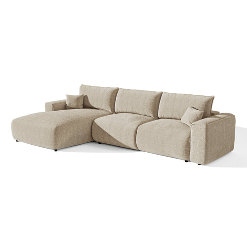 Premium Interiors - Linkshoekbank met slaapfunctie en opbergruimte COMO - zacht aanvoelende geweven stof beige 297cm
