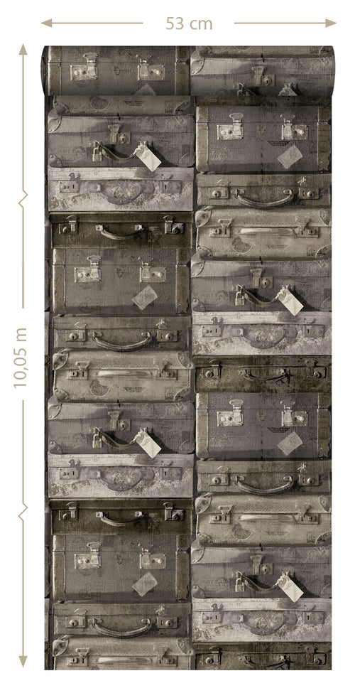 ESTAhome behang vintage koffers donkerbruin - 53 cm x 10.05 m - 138217