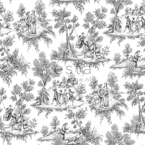 ESTAhome behang toile de jouy print zwart - 53 cm x 10.05 m - 136820 - vtwonen shop