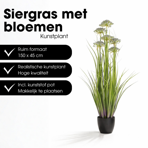 Mica Decorations Engelwortel – Kunstgras in Pot – Realistische Nepplant Woondecoratie – Kunstplanten voor Binnen en Buiten – H150 x Ø45 cm – Groen,
