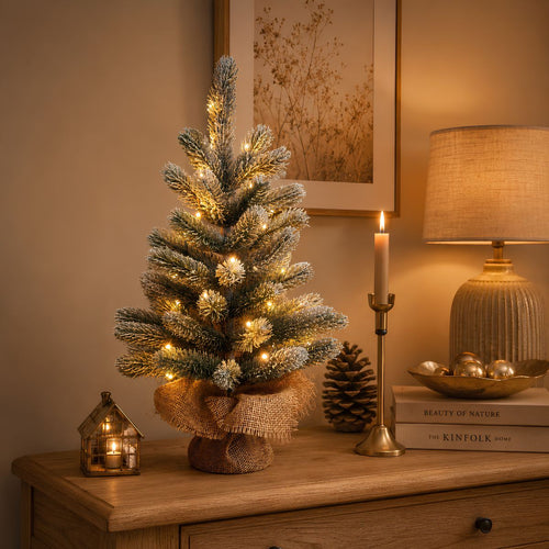 Black Box Trees Nagoya Kunstkerstboom met Verlichting - Kunstboom H60 x D44 cm - Kunst Kerstboom Besneeuwde Takken - in Jute Zak - Kerstdecoratie voor