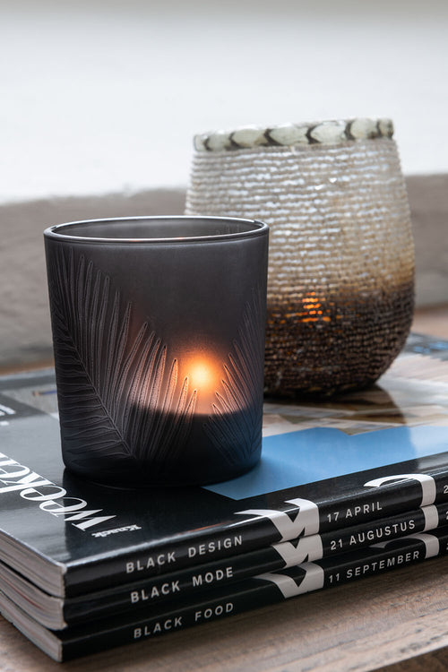 J-Line windlicht Blad - glas - zwart/bruin - 2 stuks