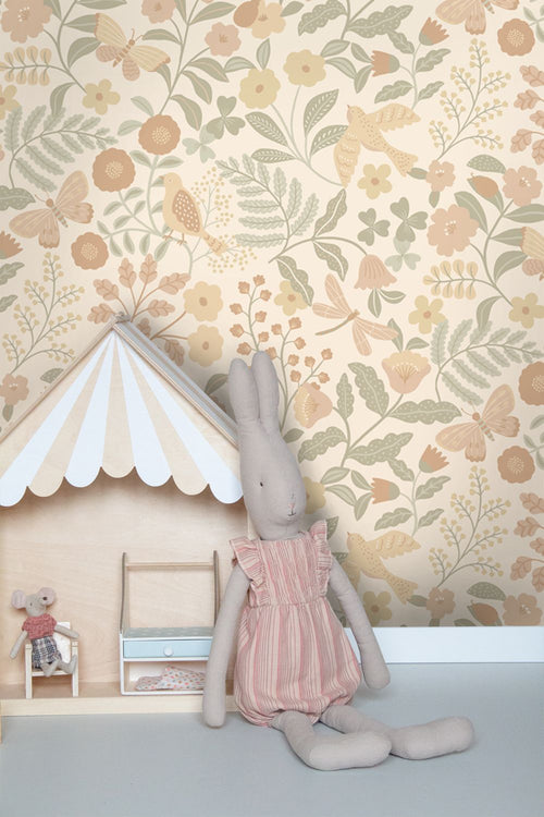 ESTAhome behang bloemen en vogels beige, groen en zacht roze - 53 cm x 10.05 m - 139867