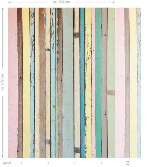 ESTAhome fotobehang sloophout licht roze, geel, blauw en groen - 200 x 279 cm - 157703