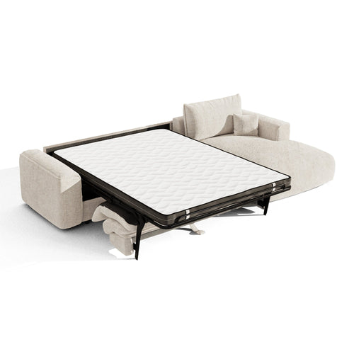 Premium Interiors - Rechthoekige hoekbank met snelle slaapfunctie COMO - weefsel met ruitpatroon, voelt zacht aan crème 300cm