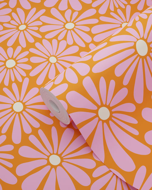 ESTAhome behang madeliefjes roze, oranje en geel - 50 x 900 cm - 131815