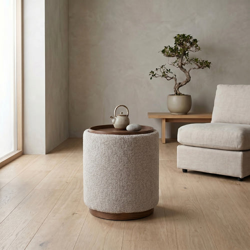 DÉJA Living Bijzettafel Marcia – Rond – Met Opbergruimte – Essen Fineer – 40x40x44 cm – Taupe/Walnoot