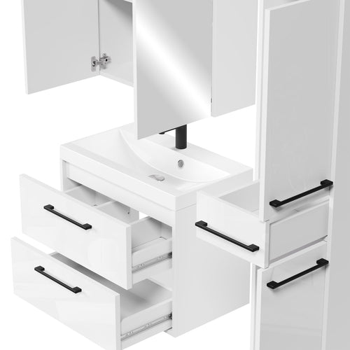 Badplaats Badkamermeubel Set Florence 60 cm – Hoogglans Wit – Hangend Badmeubel met Wastafel, Spiegelkast en Zijkast