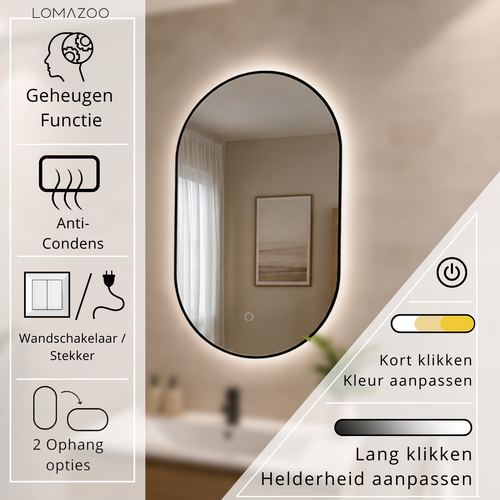 LOMAZOO badkamerspiegel Tanger - draaibaar - met LED verlichting & spiegelverwarming - ovaal - zwart - 100 x 50 cm