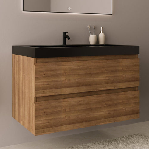 LOMAZOO badmeubelset Avalon - met hoge kast & zwarte wastafel - warm eiken - 80 cm