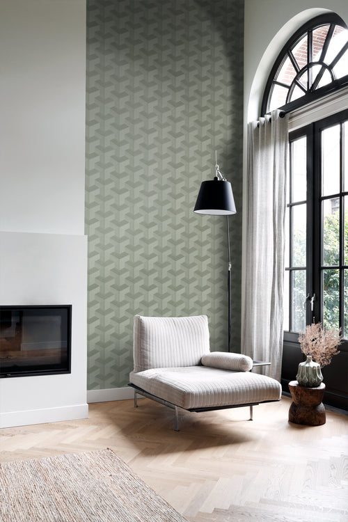 Origin Wallcoverings behang grafisch 3D motief vergrijsd groen - 50 x 900 cm - 348003 - vtwonen shop