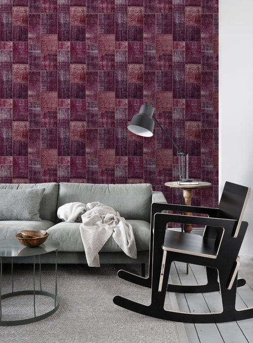 ESTAhome behang Marrakech kelim patchwork tapijt bordeaux rood - 53 cm x 10.05 m - 148653