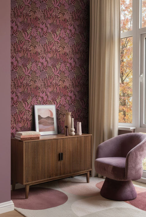 ESTAhome behang tropische bladeren en bloemen aubergine paars en roze - 50 x 900 cm - 131664