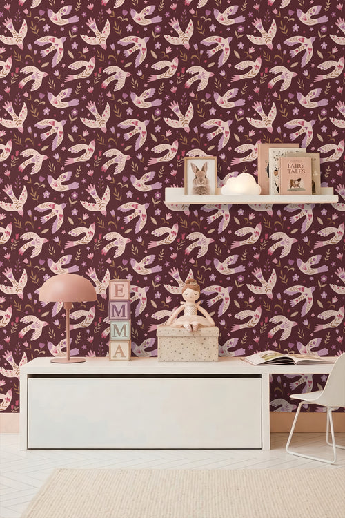 ESTAhome behang bloemen en vogels aubergine paars - 50 x 900 cm - 131759